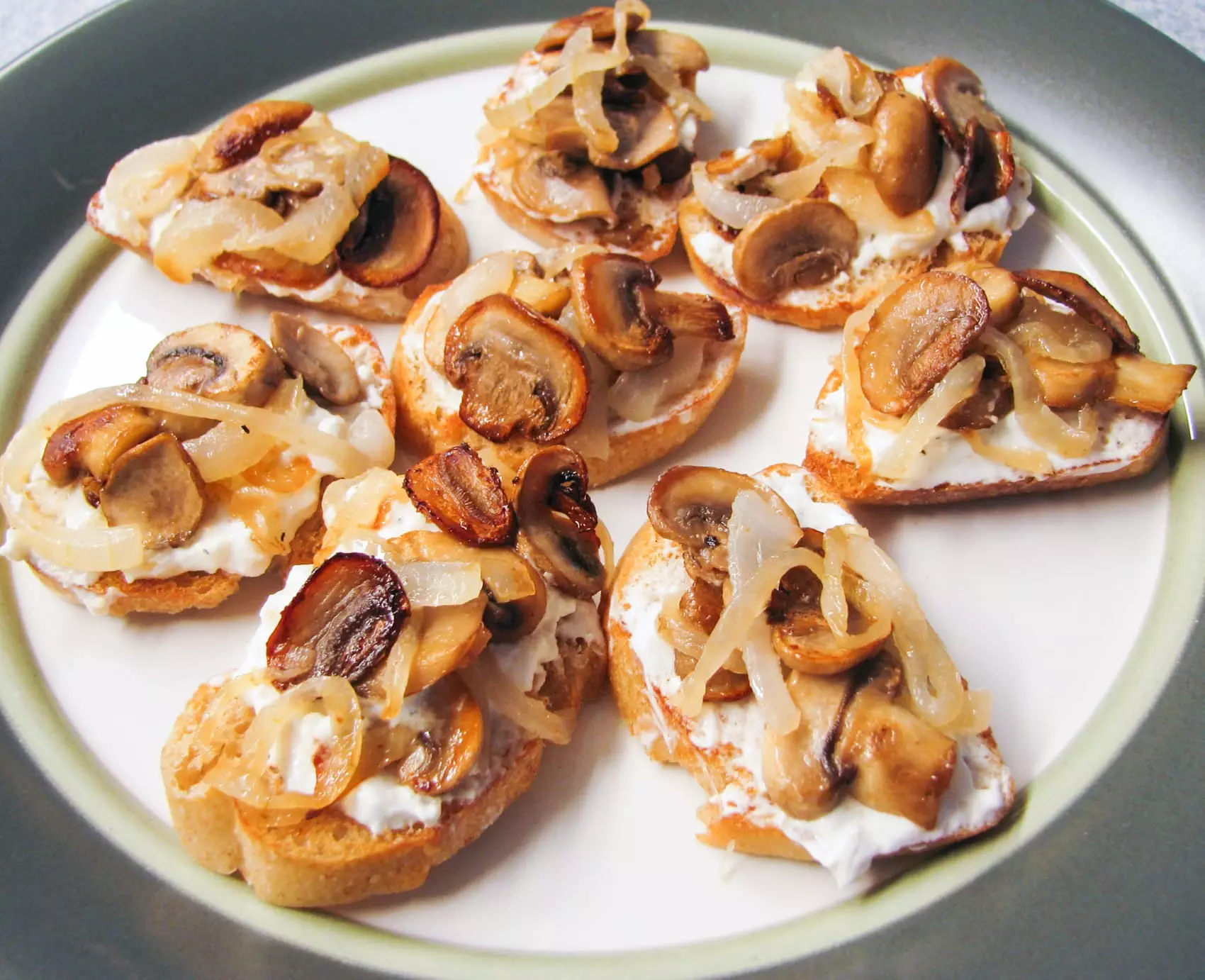 Caramelized Onion and Mushroom Crostini with Feta and Roasted Garlic Cheese Spread