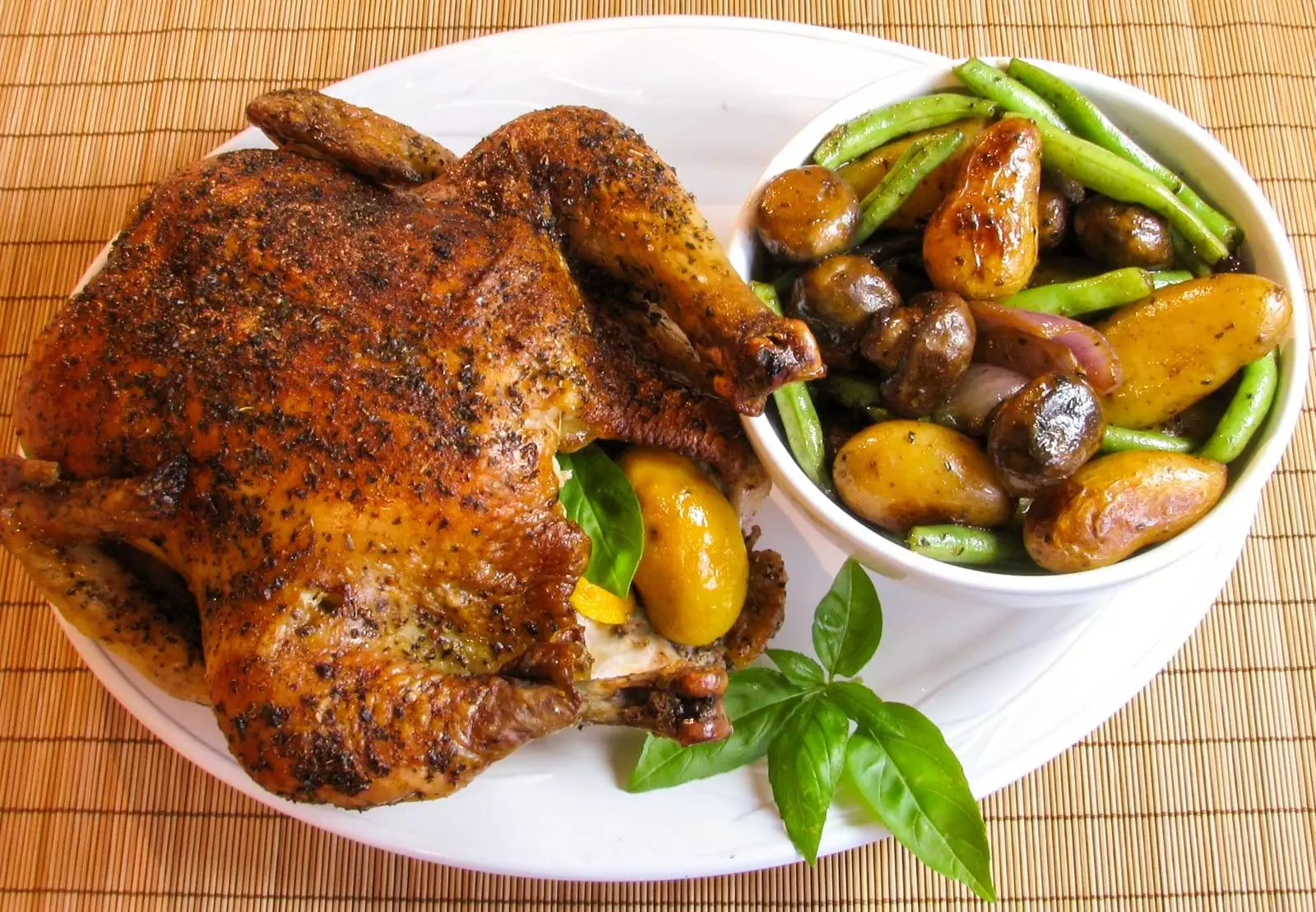 Roasted Chicken with Fingerling Potatoes, Mushrooms and Green Beans