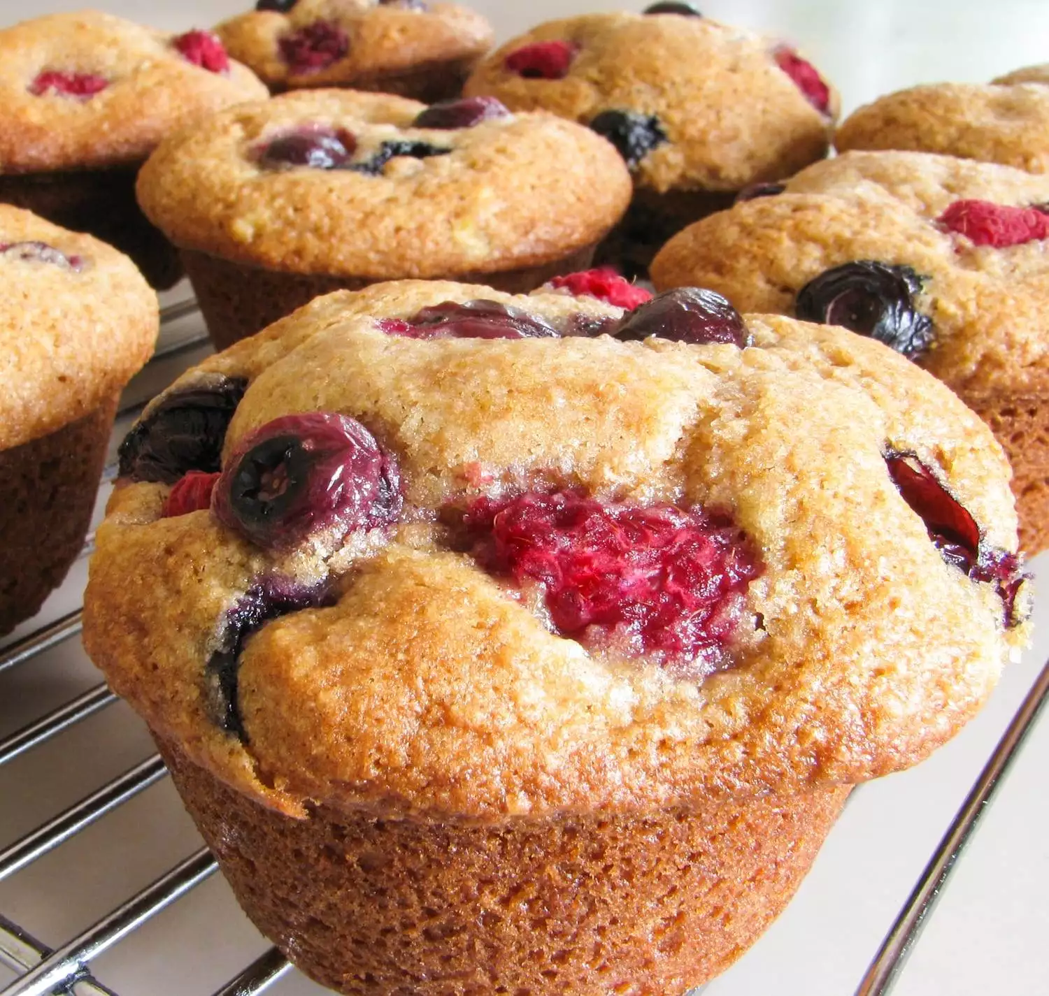 Banana, Blueberry and Raspberry Muffins