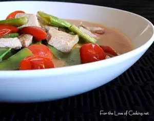 Red Curry Pork with Tomatoes and Snow Peas over Jasmine Rice