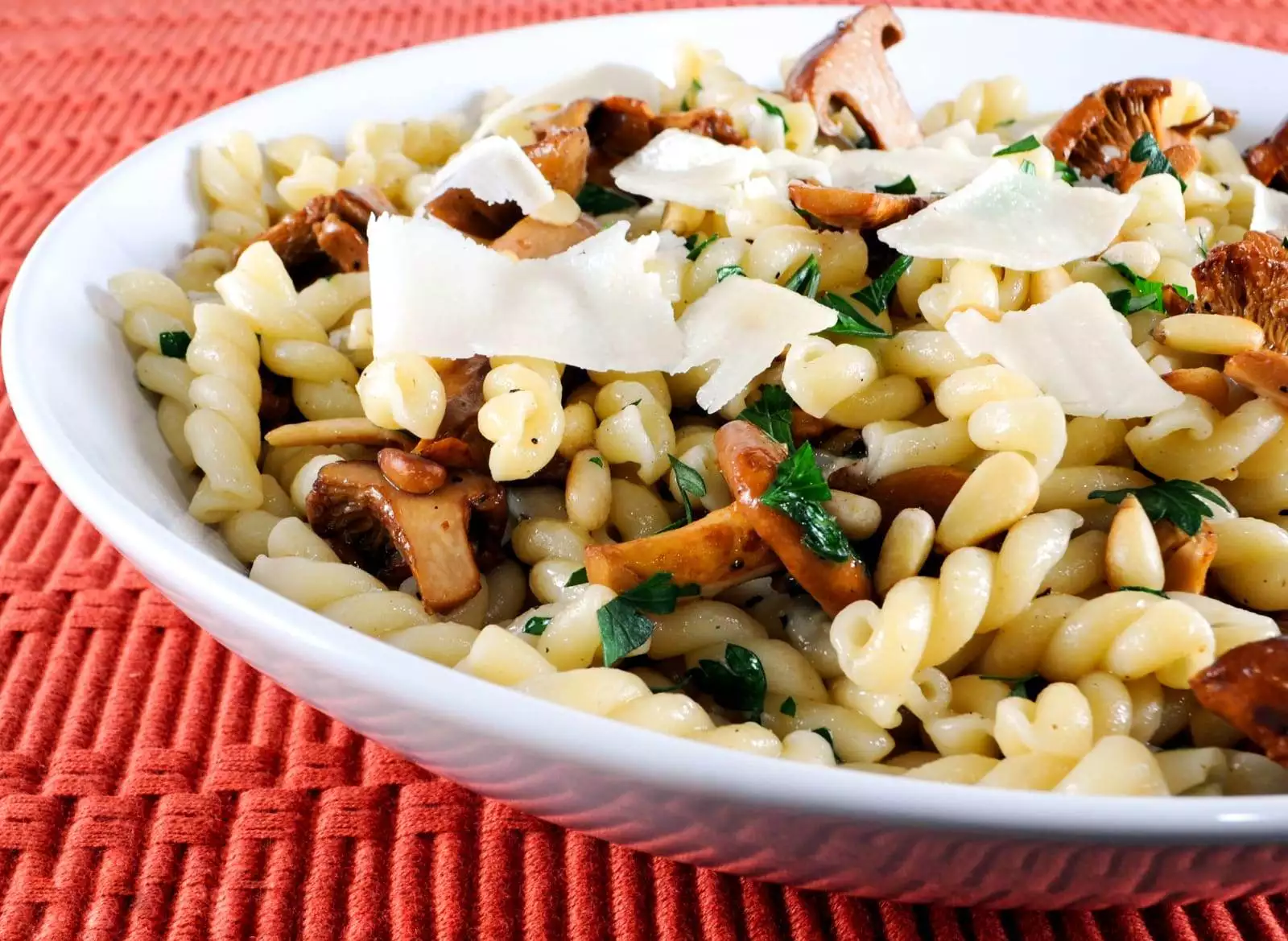 Gemelli with Chanterelles, Pine Nuts, and Parmesan