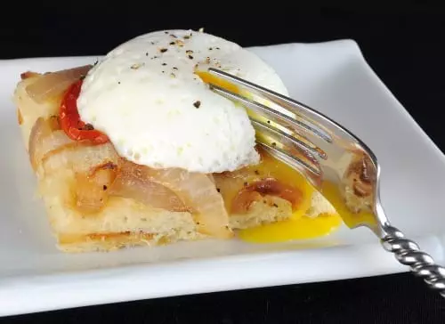 Poached Egg on Caramelized Onion, Tomato, and Asiago Focaccia