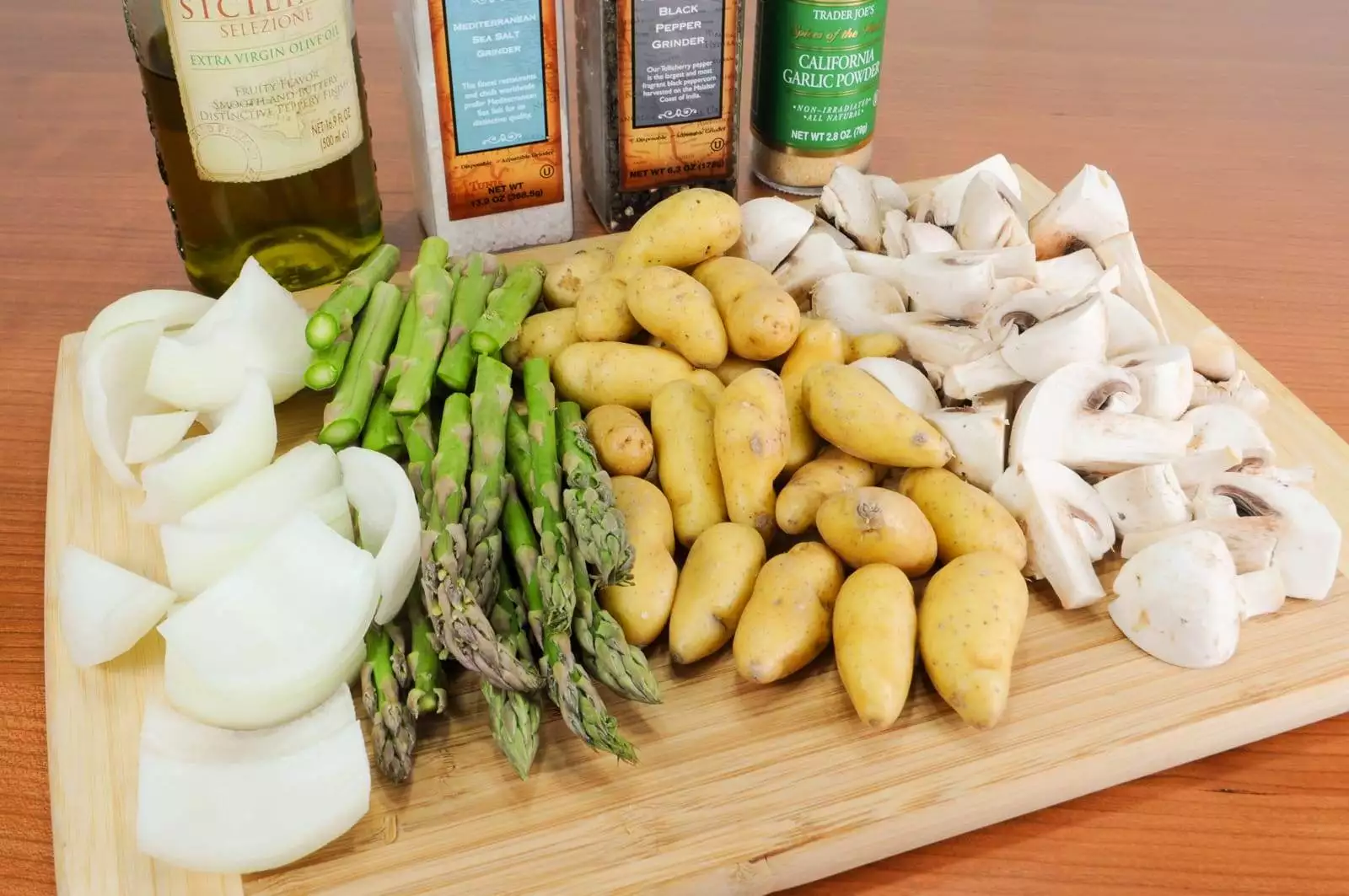 Roasted Baby Potatoes, Mushrooms, Onions, and Asparagus