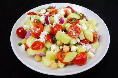 Cucumber and Tomato Salad with Garbanzo Beans and Basil