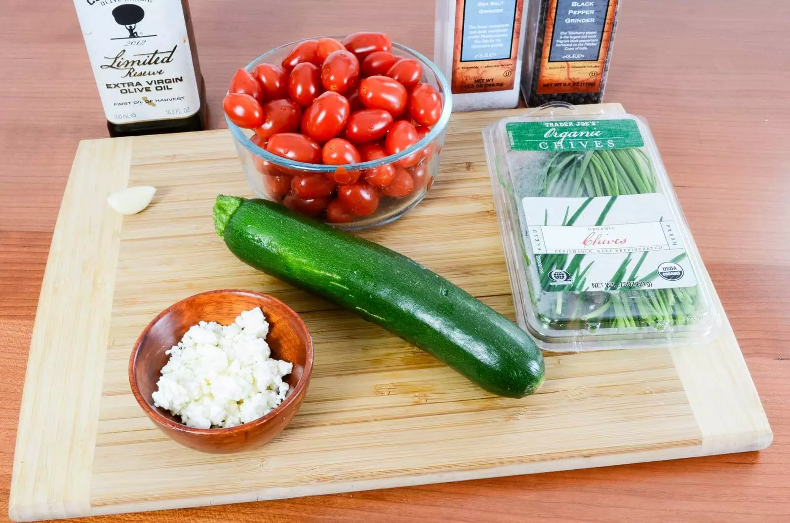 Roasted Grape Tomatoes and Zucchini Topped with Feta and Chives