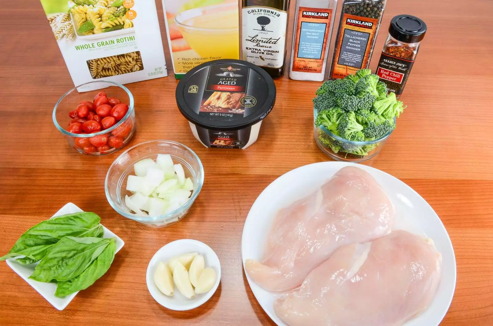 Rotini Pasta with Chicken, Broccoli, Tomatoes, Parmesan, and Fresh Basil