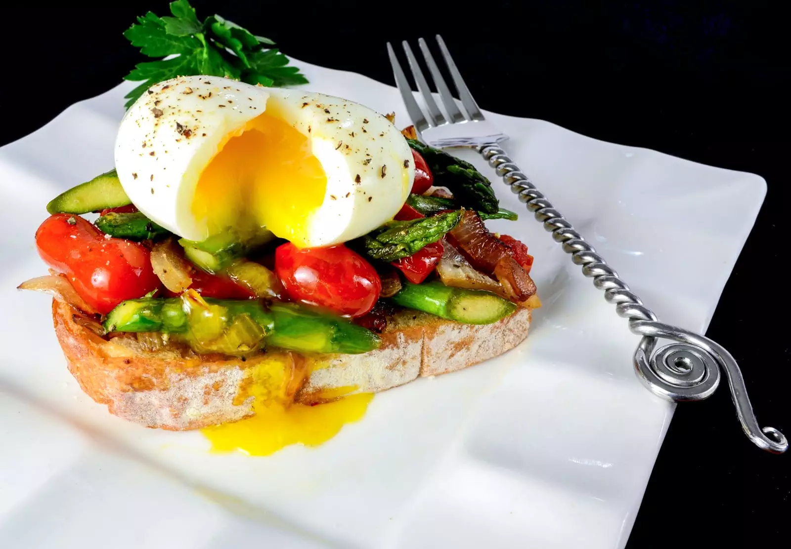 Soft Boiled Egg over Vegetable Saute and Toast