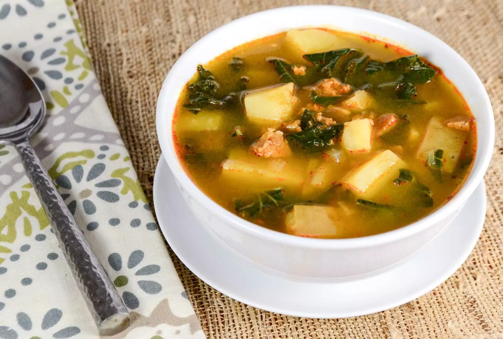 Portuguese Caldo Verde - Soup with Potatoes, Kale, and Chorizo