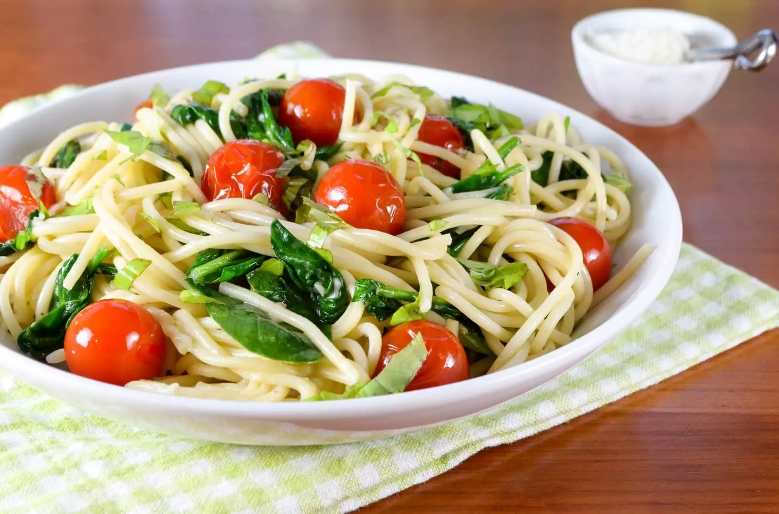 Spaghetti with Cherry Tomatoes, Spinach, Basil, and Parmesan