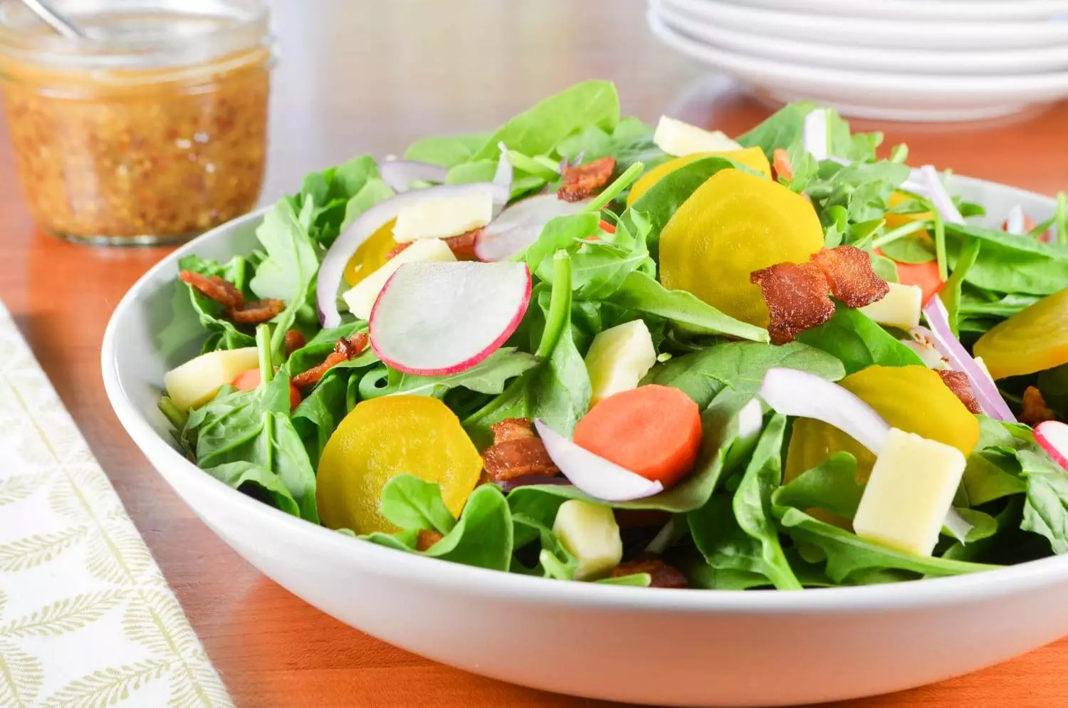 Irish Root Salad with Spinach, Sharp White Cheddar, and Bacon-Mustard Vinaigrette