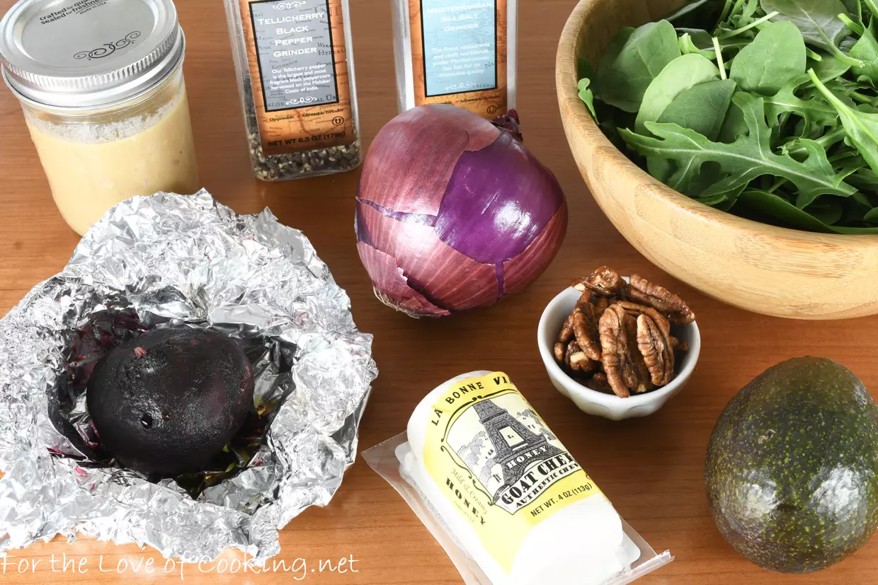 Roasted Beet, Goat Cheese, and Avocado Spinach Salad with Honey-Dijon Vinaigrette