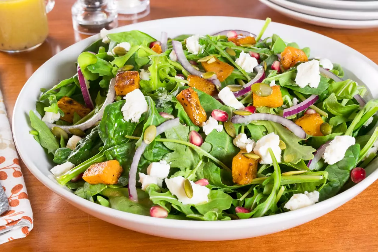 Roasted Butternut Squash & Pomegranate Salad with Garlicky Honey-Dijon Dressing