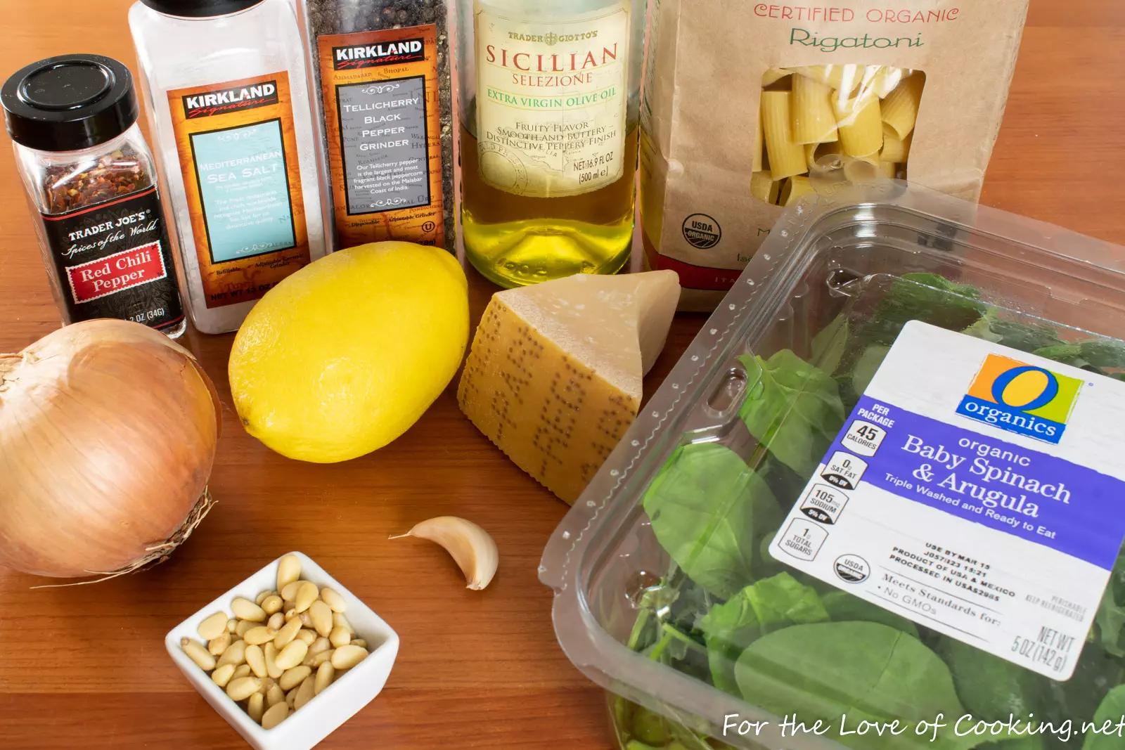 Lemony Rigatoni with Spinach, Arugula, and Pine Nuts