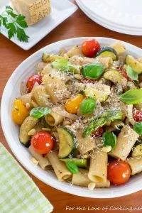 Rigatoni with Zucchini, Tomatoes, Basil and Pine Nuts