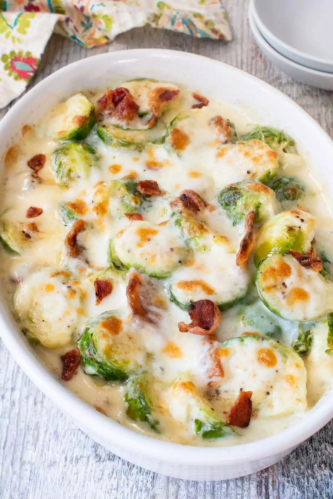 Creamy Garlic Parmesan Brussels Sprouts with Bacon