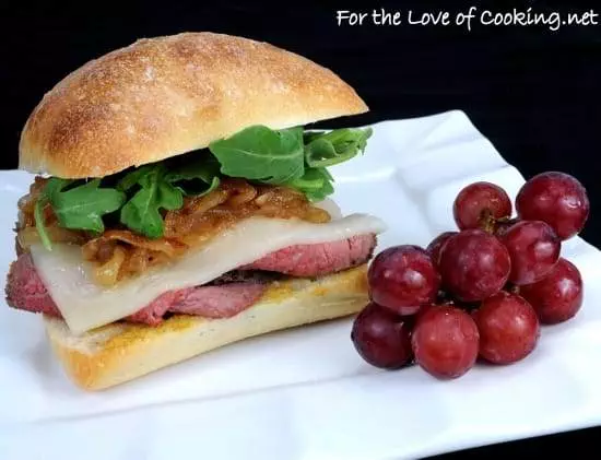 Roast Beef, Caramelized Onion, Havarti, and Arugula Sandwich on a Focaccia Roll