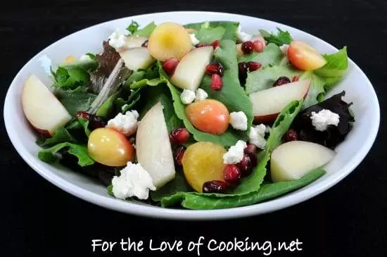 Mixed Greens with Rainier Cherries, Nectarine, Feta Cheese and a White Balsamic Vinaigrette