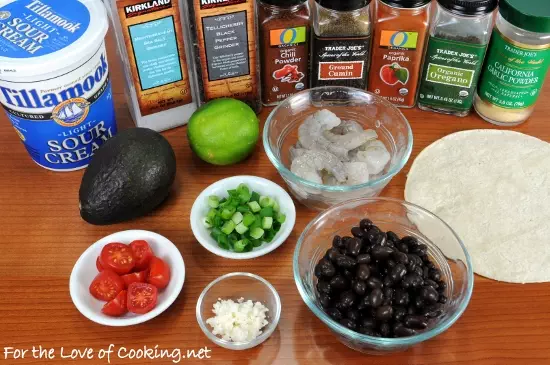 Shrimp, Black Bean, and Avocado Tostada