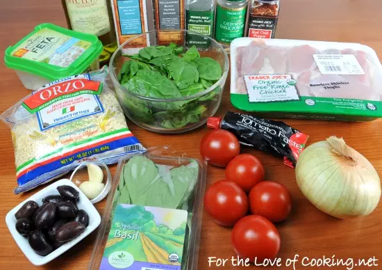 Chicken, Orzo, and Spinach Skillet with Kalamata Olives, Tomatoes, and Basil