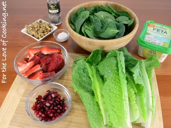 Spinach Salad with Strawberries, Candied Walnuts, Feta, and Pomegranate Seeds