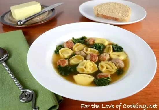 Cheese Tortellini Soup with Turkey Italian Sausage and Kale