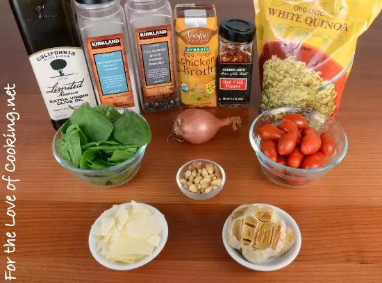 Quinoa with Roasted Garlic, Tomatoes, Spinach, and Pine Nuts