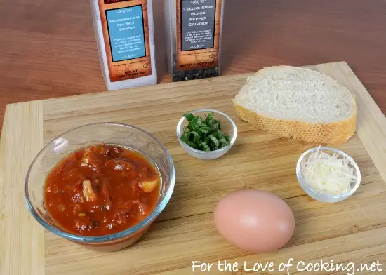 Baked Egg with Sausage, Mushroom, and Basil Marinara on Toast