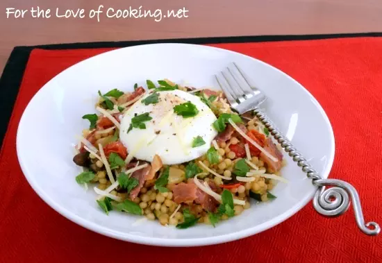 Steamed Egg over Roasted Vegetable Israeli Couscous with Bacon and Parmesan