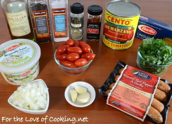 Linguine In Tomato Sauce with Chicken Sausage, Blistered Tomatoes, Kale, and Mozzarella Pearls