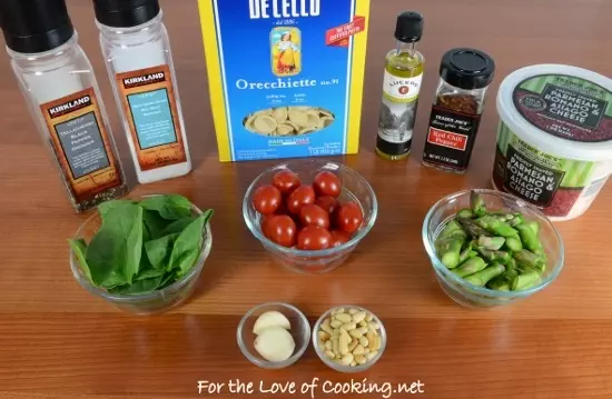 Orecchiette with Asparagus, Grape Tomatoes, Spinach, and Parmesan