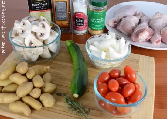 One Pot Meal ~ Roasted Drumsticks with Fingerling Potatoes, Mushrooms, Tomatoes, and Zucchini