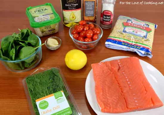 Lemon and Dill Salmon with Sautéed Tomato, Spinach, and Feta Orzo