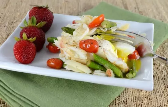 Steamed Egg Topped with Sautéed Asparagus, Tomatoes, and Fresh Crab