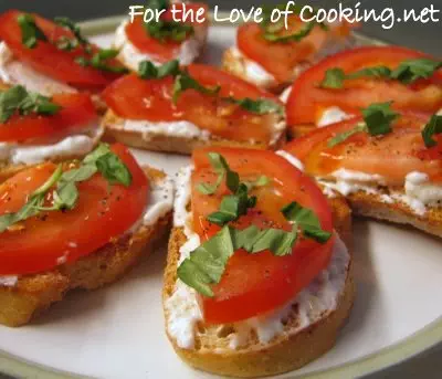 Tomato and Fresh Basil Crostini with Feta and Roasted Garlic Cheese Spread