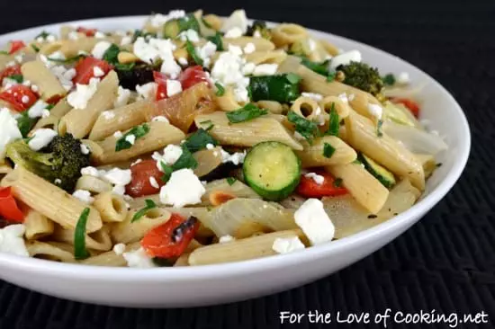 Roasted Veggie Pasta Salad with Lemon and Feta