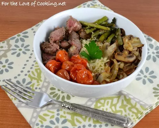 Rice Bowl with Steak, Roasted Tomatoes & Asparagus, and Caramelized Mushrooms & Onions