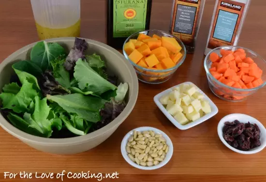 Roasted Carrot and Butternut Squash Salad with Mixed Greens, Extra Sharp Cheddar, and Pine Nuts