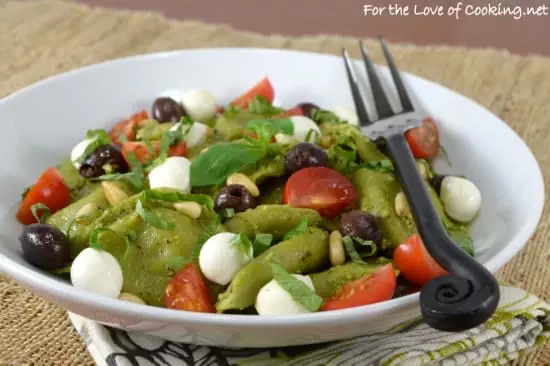 Spinach and Kale Ravioli Pasta Salad with Fresh Tomatoes, Basil, Mozzarella, and Taggiasca Olives