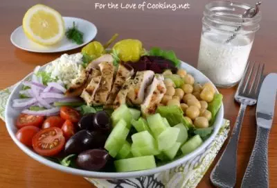 Greek Salad with Lemon-Herb Grilled Chicken and Creamy Greek Dressing