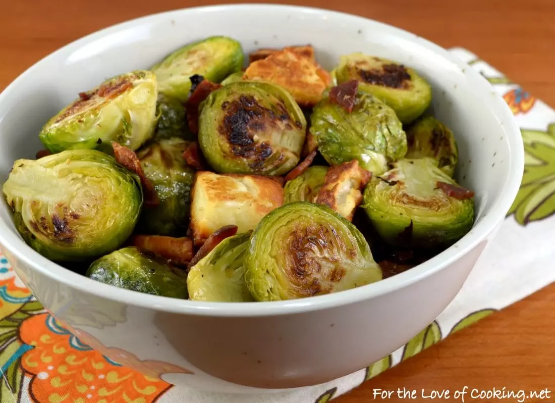 Roasted Brussels Sprouts with Bacon and Halloumi