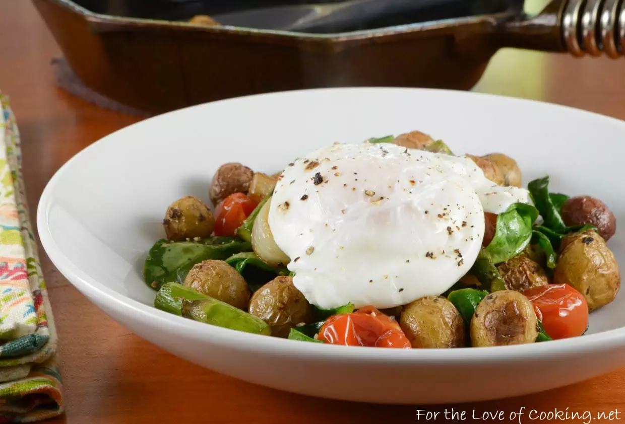 Roasted Veggie and Baby Potato Hash with a Poached Egg