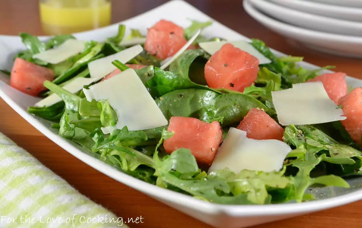 Watermelon, Arugula, and Spinach Salad with Shaved Parmesan