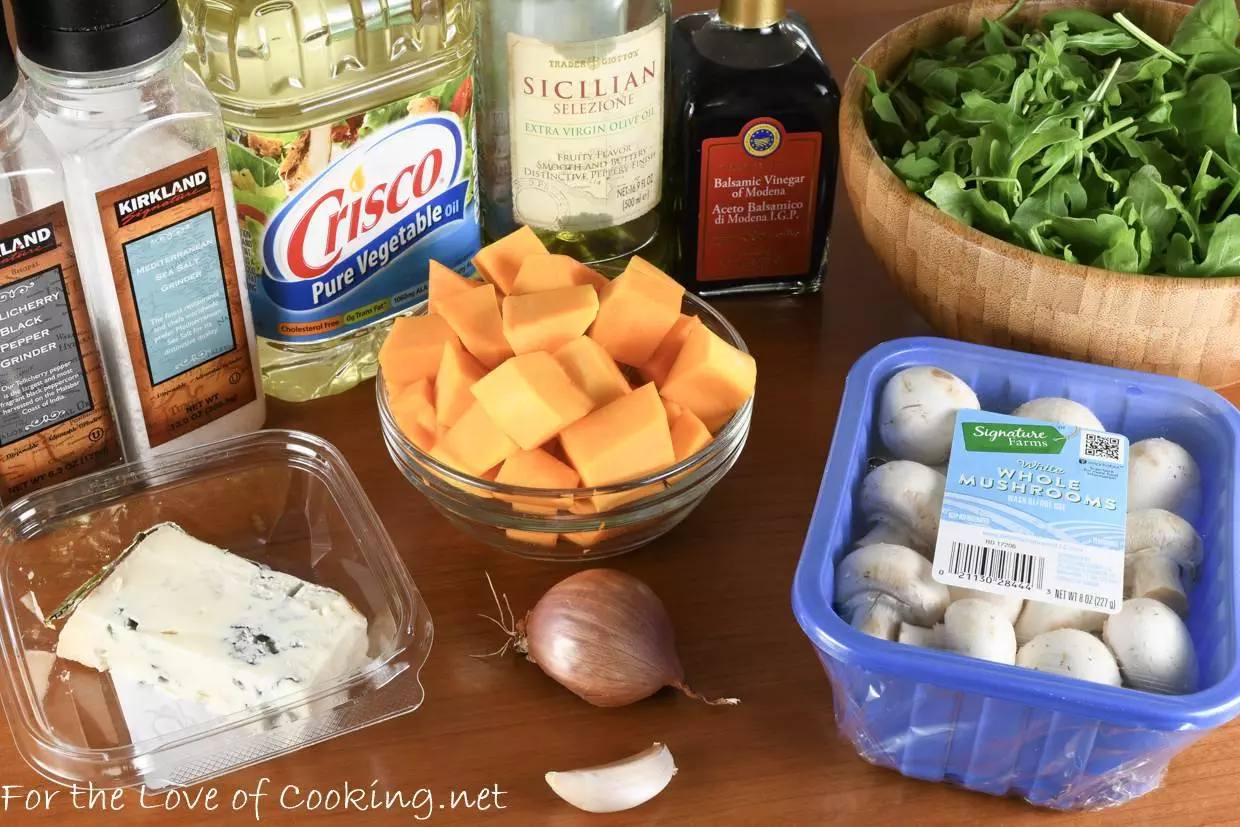 Warm Salad of Mushrooms and Roasted Butternut Squash with Arugula and Gorgonzola