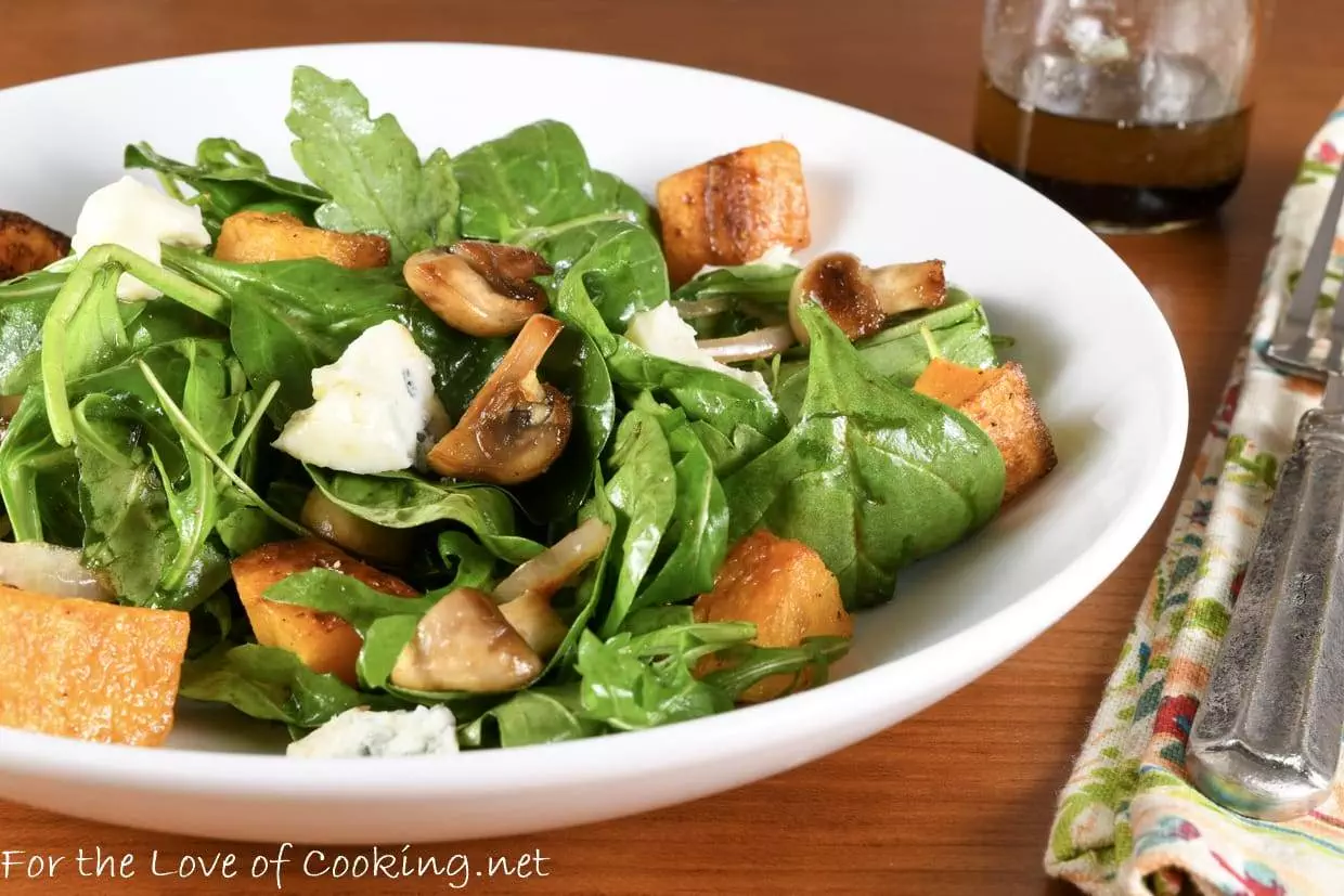 Warm Salad of Mushrooms and Roasted Butternut Squash with Arugula and Gorgonzola