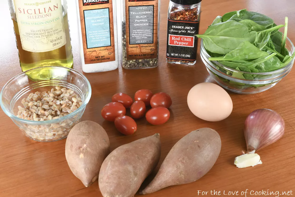 Sweet Potato, Spinach, Farro, and Poached Egg Breakfast Bowl