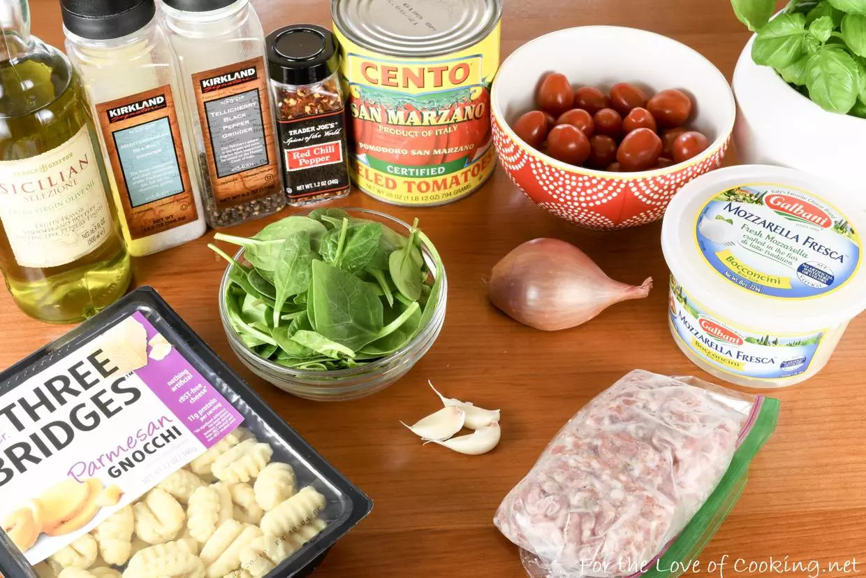 Baked Gnocchi with Italian Sausage, Grape Tomatoes, Spinach, and Mozzarella