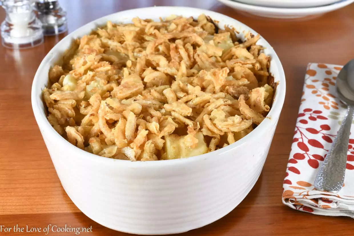 Cheesy Potato Casserole with Caramelized Onions, Gruyere, Bacon, and Crispy Onions