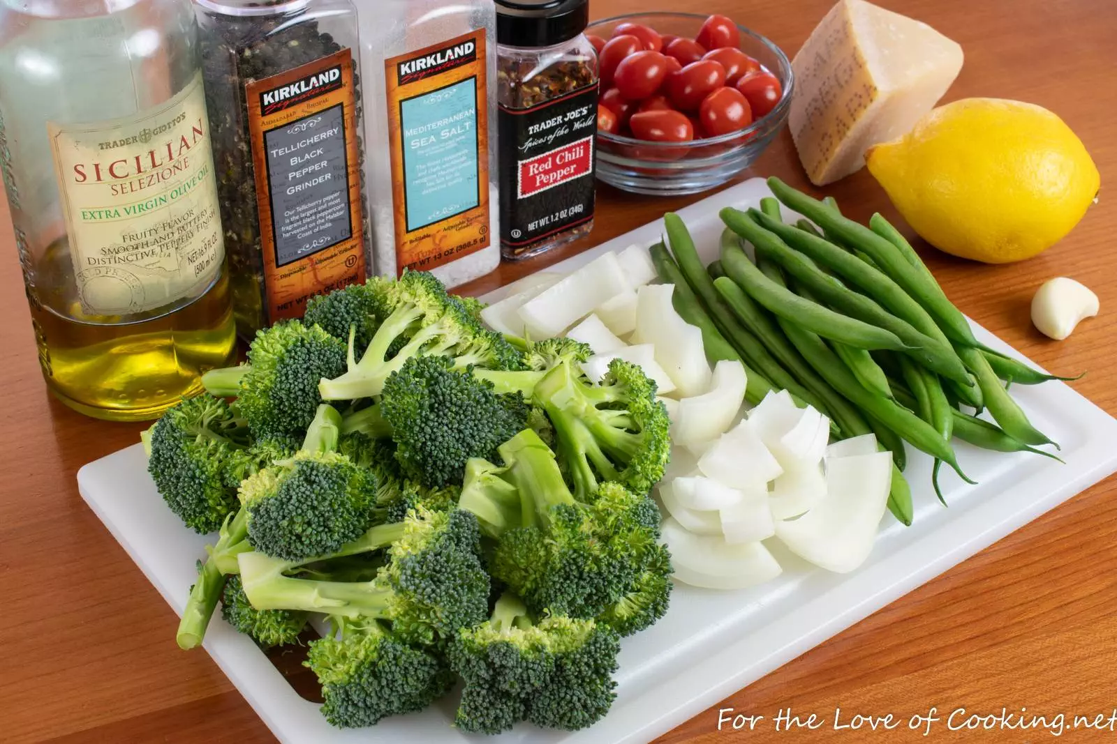 Sheet Pan Roasted Broccoli, Green Beans, and Tomatoes with Lemon and Parmesan